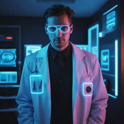 An electropunk-style doctor with digital enhancements, neon light elements, futuristic medical gadgetry and sleek attire filled with electronic devices