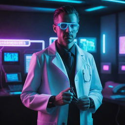 An electropunk-style doctor with digital enhancements, neon light elements, futuristic medical gadgetry and sleek attire filled with electronic devices