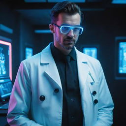 An electropunk-style doctor with digital enhancements, neon light elements, futuristic medical gadgetry and sleek attire filled with electronic devices