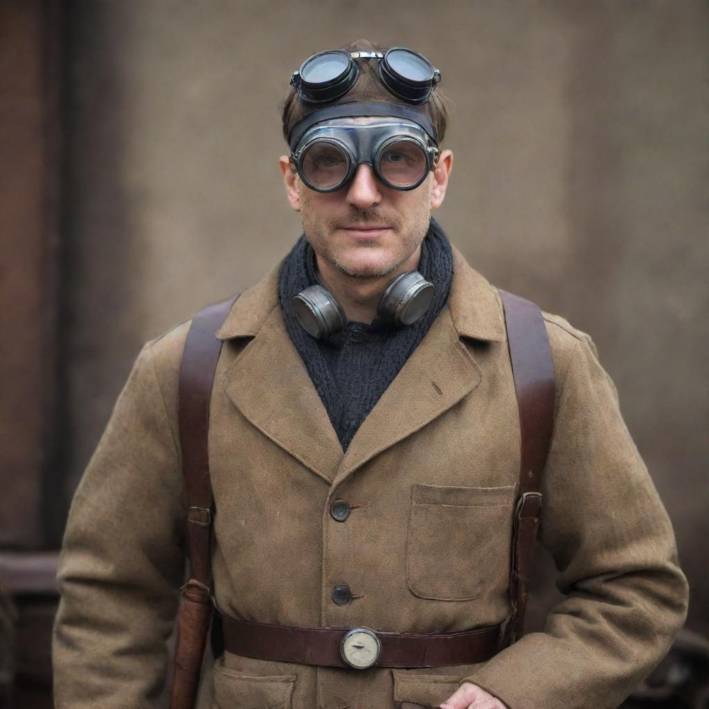 A dieselpunk-style doctor, influenced by the aesthetics of the diesel-based interwar period, wearing rugged attire, goggles and using vintage, mechanically enhanced medical tools