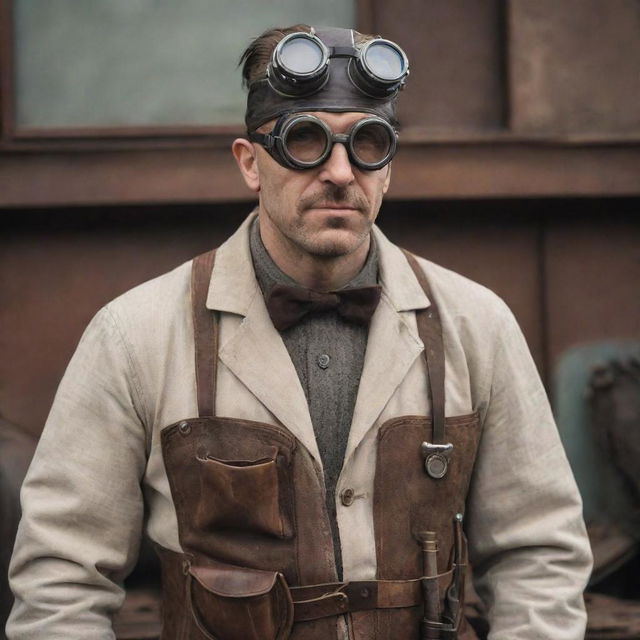 A dieselpunk-style doctor, influenced by the aesthetics of the diesel-based interwar period, wearing rugged attire, goggles and using vintage, mechanically enhanced medical tools