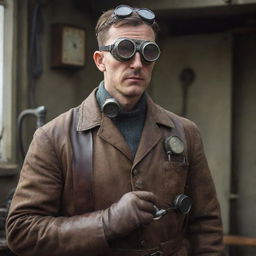 A dieselpunk-style doctor, influenced by the aesthetics of the diesel-based interwar period, wearing rugged attire, goggles and using vintage, mechanically enhanced medical tools