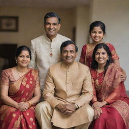 An Indian man along with his family, wearing traditional Indian attire, with a loving and cheerful atmosphere around them.