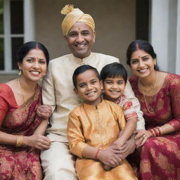 An Indian man along with his family, wearing traditional Indian attire, with a loving and cheerful atmosphere around them.