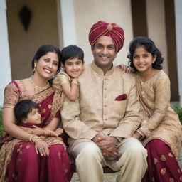 An Indian man along with his family, wearing traditional Indian attire, with a loving and cheerful atmosphere around them.