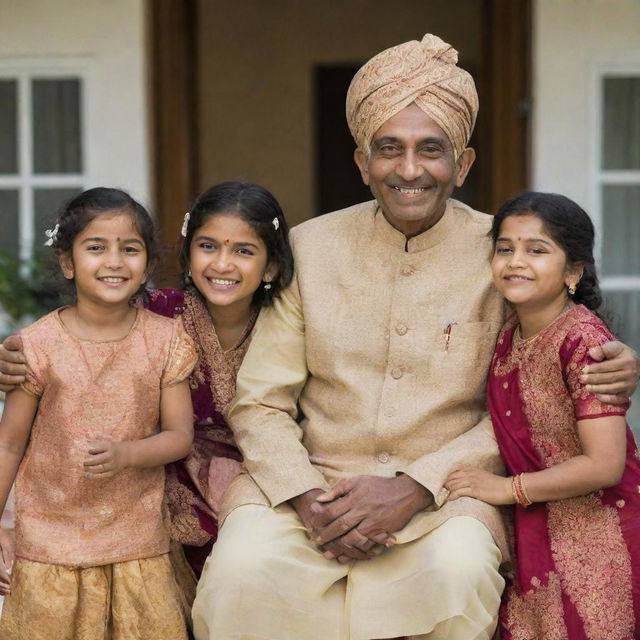 An Indian man along with his family, wearing traditional Indian attire, with a loving and cheerful atmosphere around them.