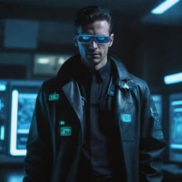 A cyberpunk-style doctor, dressed in dark, high-tech attire with neon accents, utilizing advanced medical devices with holographic interfaces and bio-enhancements