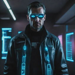 A cyberpunk-style doctor, dressed in dark, high-tech attire with neon accents, utilizing advanced medical devices with holographic interfaces and bio-enhancements