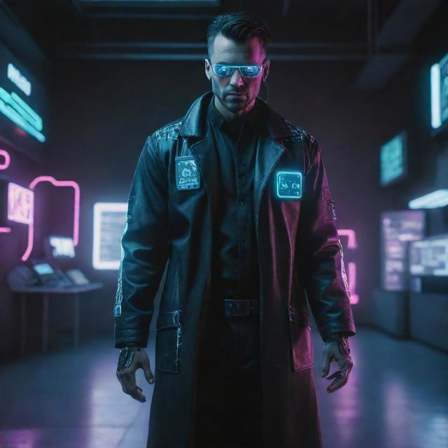 A cyberpunk-style doctor, dressed in dark, high-tech attire with neon accents, utilizing advanced medical devices with holographic interfaces and bio-enhancements