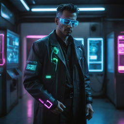 A cyberpunk-style doctor, dressed in dark, high-tech attire with neon accents, utilizing advanced medical devices with holographic interfaces and bio-enhancements