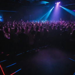 Electric dance floor ignited by pulsating beats and vibrant neon glow. A thrumming crowd immersed in the ultimate club banger, delivering an endless night of motion and energy.