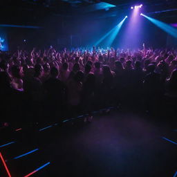 Electric dance floor ignited by pulsating beats and vibrant neon glow. A thrumming crowd immersed in the ultimate club banger, delivering an endless night of motion and energy.