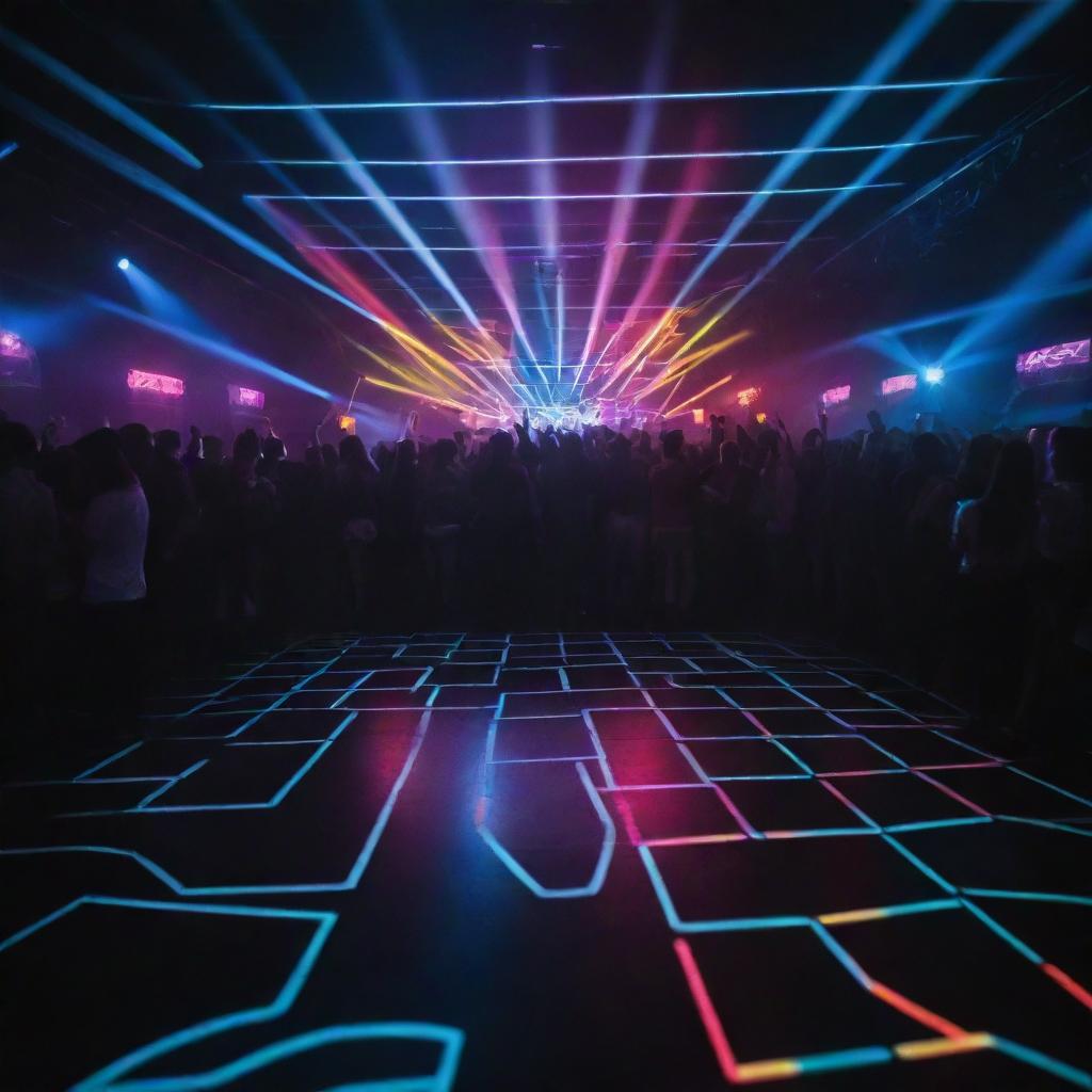 Electric dance floor ignited by pulsating beats and vibrant neon glow. A thrumming crowd immersed in the ultimate club banger, delivering an endless night of motion and energy.