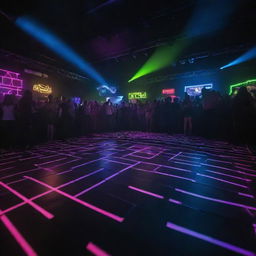 Electric dance floor ignited by pulsating beats and vibrant neon glow. A thrumming crowd immersed in the ultimate club banger, delivering an endless night of motion and energy.