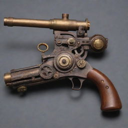 Steampunk-style firearms, artfully crafted with 19th-century industrial machinery in mind: gears, copper and brass elements, and vintage embellishments