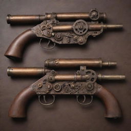 Steampunk-style firearms, artfully crafted with 19th-century industrial machinery in mind: gears, copper and brass elements, and vintage embellishments