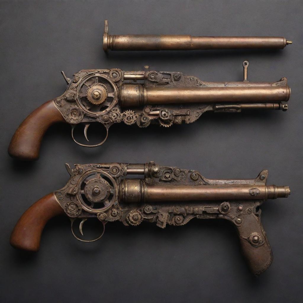 Steampunk-style firearms, artfully crafted with 19th-century industrial machinery in mind: gears, copper and brass elements, and vintage embellishments