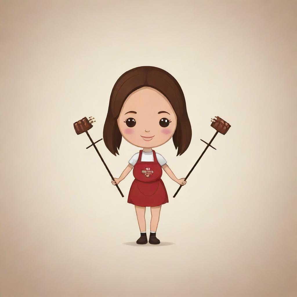 Create a logo featuring a doll with brown hair holding skewers of barbecue, designed to attract customers.