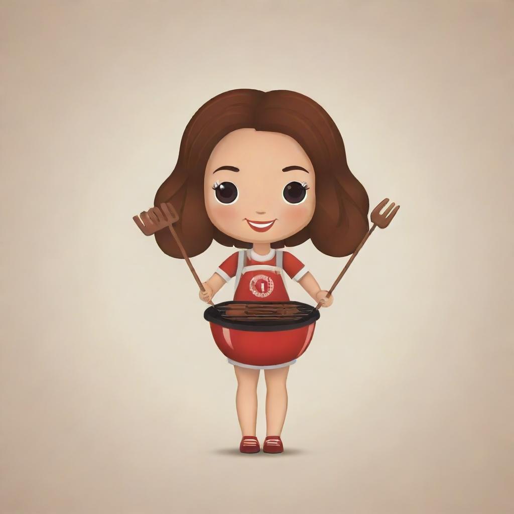 Create a logo featuring a doll with brown hair holding skewers of barbecue, designed to attract customers.