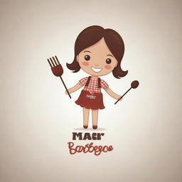 Create a logo featuring a doll with brown hair holding skewers of barbecue, designed to attract customers.