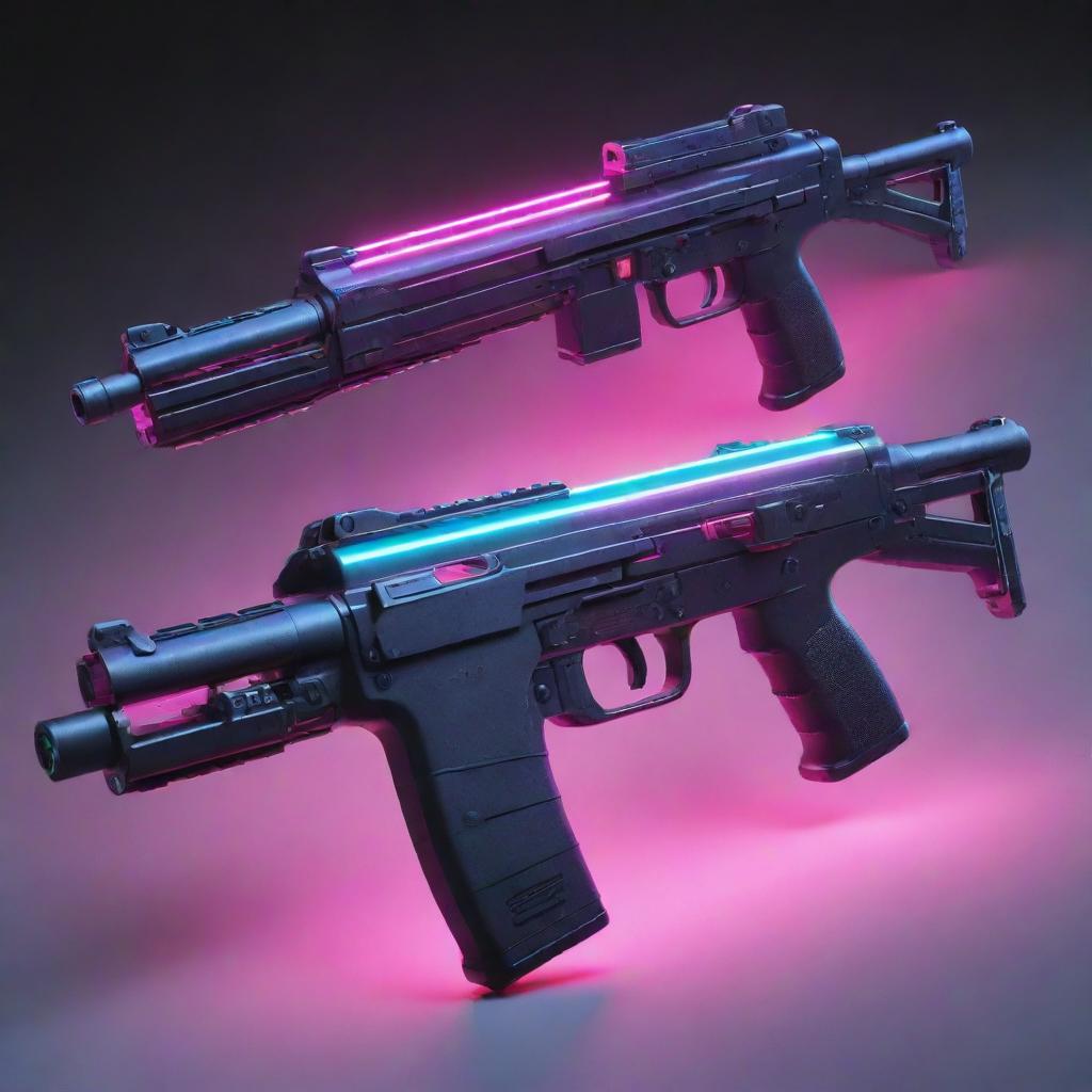 Electropunk-style firearms, with sleek digital designs, vibrant neon lights, electronic gadgetry, and plasma or laser weaponry