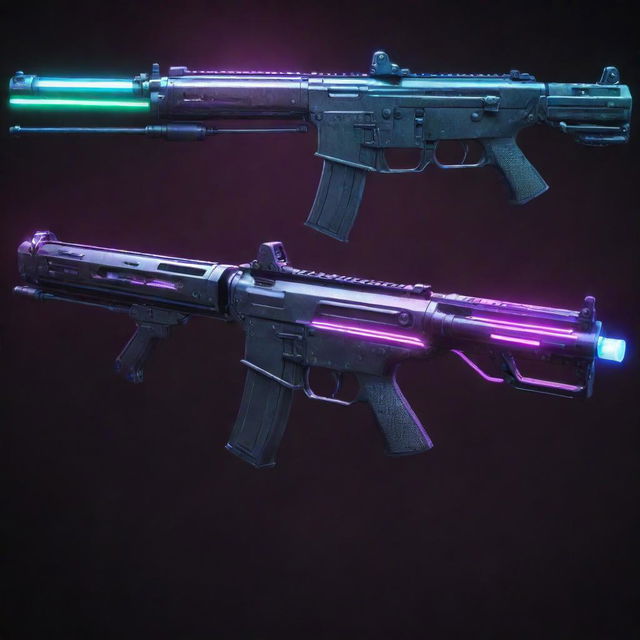 Electropunk-style firearms, with sleek digital designs, vibrant neon lights, electronic gadgetry, and plasma or laser weaponry