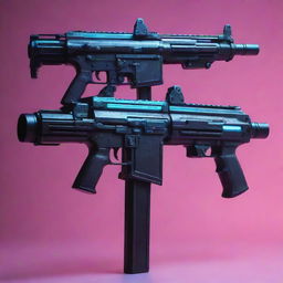 Electropunk-style firearms, with sleek digital designs, vibrant neon lights, electronic gadgetry, and plasma or laser weaponry