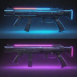 Electropunk-style firearms, with sleek digital designs, vibrant neon lights, electronic gadgetry, and plasma or laser weaponry