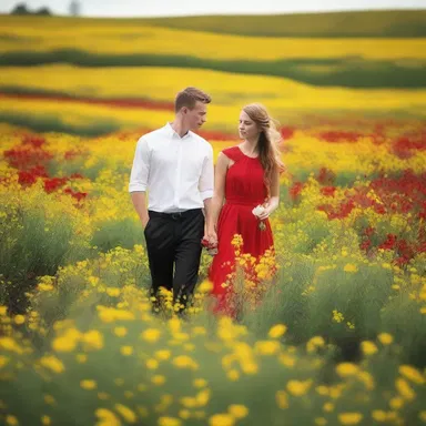 The young couple took a romantic stroll through the hoary puccoon field, their love blooming like the vibrant red petals of the plant.