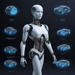 Generate an image showcasing modern technology such as AI robotics, quantum computers, electric vehicles, and 5G networks. Emphasize a futuristic and advanced theme.