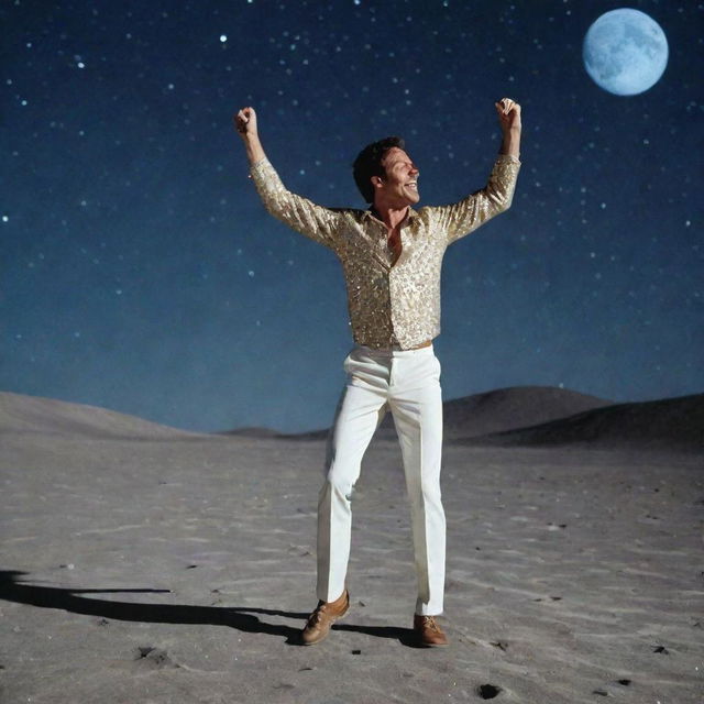 A man joyfully disco dancing on the lunar surface with the Earth in the backdrop under a starlit sky.