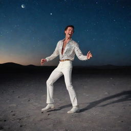 A man joyfully disco dancing on the lunar surface with the Earth in the backdrop under a starlit sky.