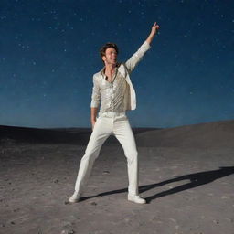 A man joyfully disco dancing on the lunar surface with the Earth in the backdrop under a starlit sky.