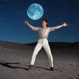 A man joyfully disco dancing on the lunar surface with the Earth in the backdrop under a starlit sky.