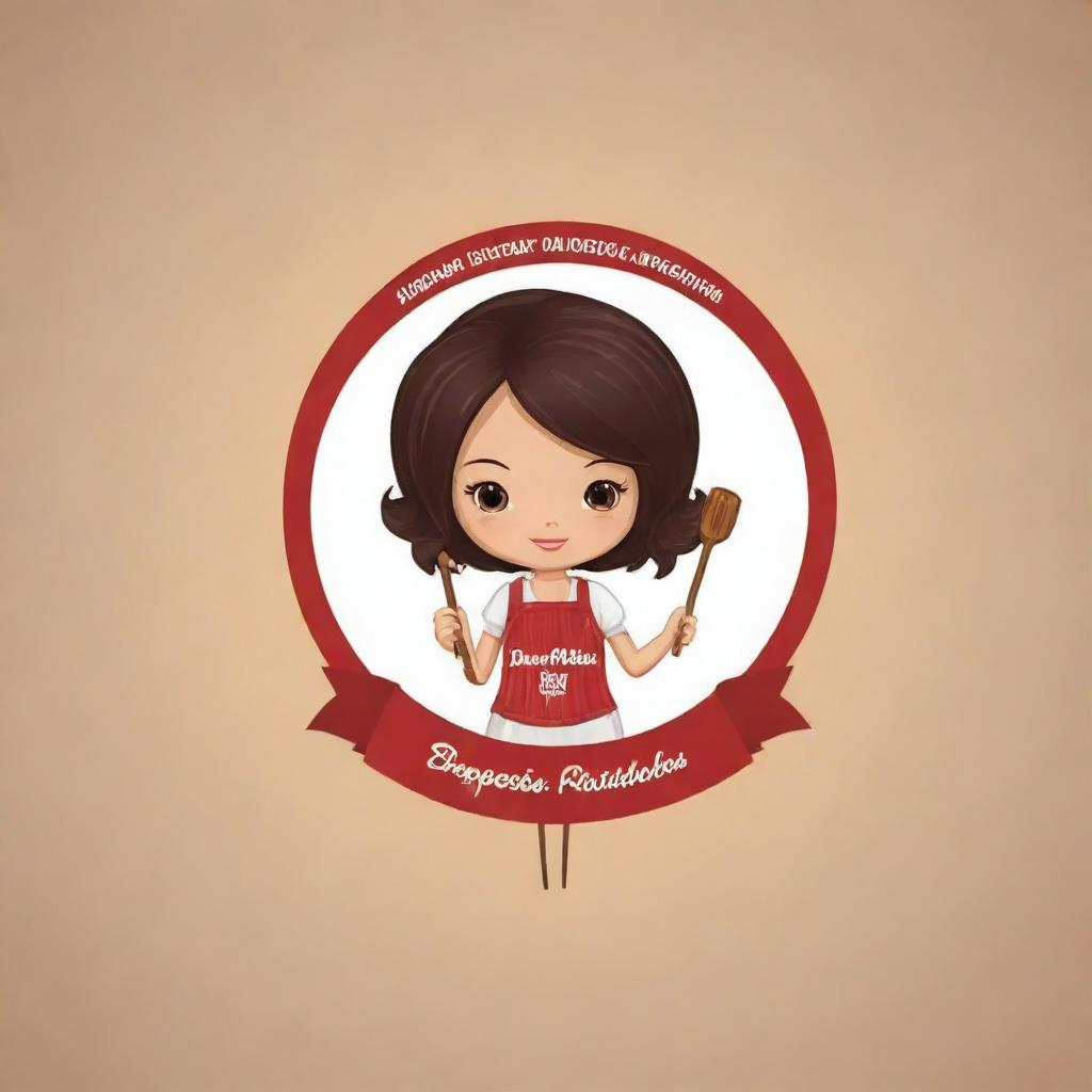 Create a logo featuring a doll with dark hair holding barbeque skewers. The logo should be attractive to customers and incorporate the name 'Dona Maria Espetinhos'