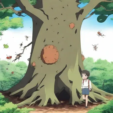 The protagonist in the anime series discovered a wormy tree, filled with insects crawling all over it.