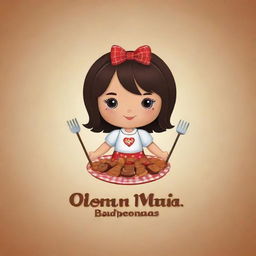 Create a logo featuring a doll with dark hair holding barbeque skewers. The logo should be attractive to customers and incorporate the name 'Dona Maria Espetinhos'