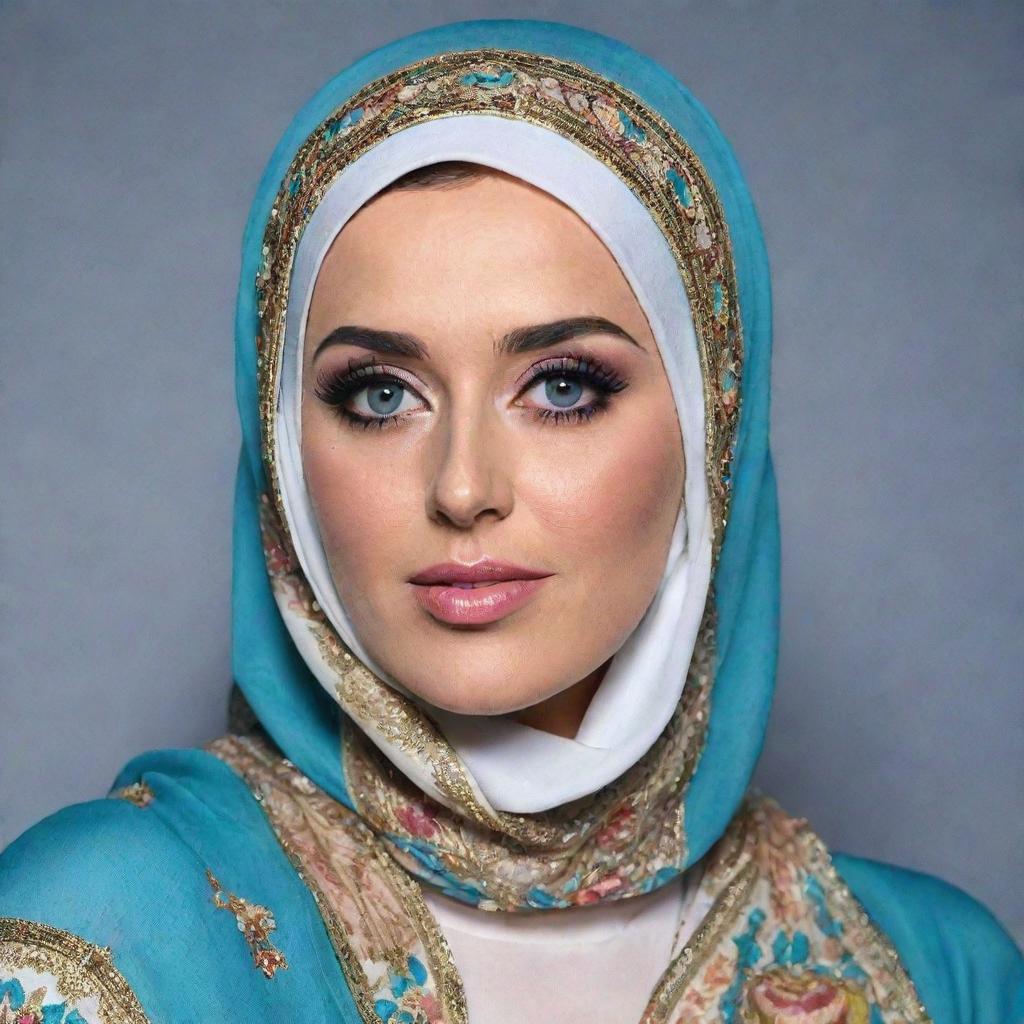 An imagining of pop star Katy Perry embracing the Muslim culture, wearing a beautifully detailed hijab covering her hair, while retaining her iconic bold style