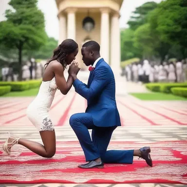 The man gets down on one knee and takes orders to marry his girlfriend.