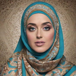 An imagining of pop star Katy Perry embracing the Muslim culture, wearing a beautifully detailed hijab covering her hair, while retaining her iconic bold style