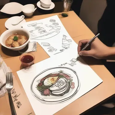 The waiter at the fancy restaurant not only provides excellent service but also takes orders in a creative and visually appealing way by drawing the meals before serving them.