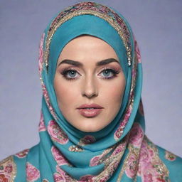 An imagining of pop star Katy Perry embracing the Muslim culture, wearing a beautifully detailed hijab covering her hair, while retaining her iconic bold style