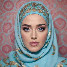 An imagining of pop star Katy Perry embracing the Muslim culture, wearing a beautifully detailed hijab covering her hair, while retaining her iconic bold style