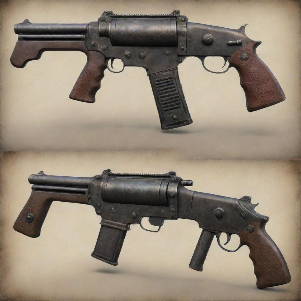 Dieselpunk-style firearms, showcasing rugged designs, heavily based on diesel-based technology of the interwar period, mechanical gears and iron elements