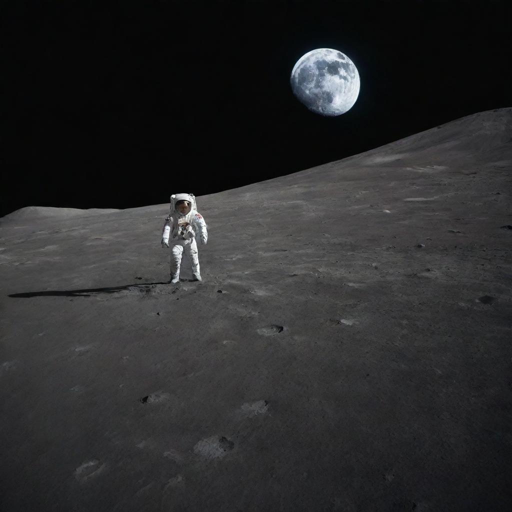 A lone astronaut standing on the desolate moon surface, Earth lazily hanging in the ink-black space sky.