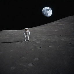 A lone astronaut standing on the desolate moon surface, Earth lazily hanging in the ink-black space sky.