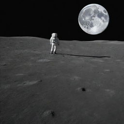 A lone astronaut standing on the desolate moon surface, Earth lazily hanging in the ink-black space sky.