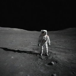 A lone astronaut standing on the desolate moon surface, Earth lazily hanging in the ink-black space sky.