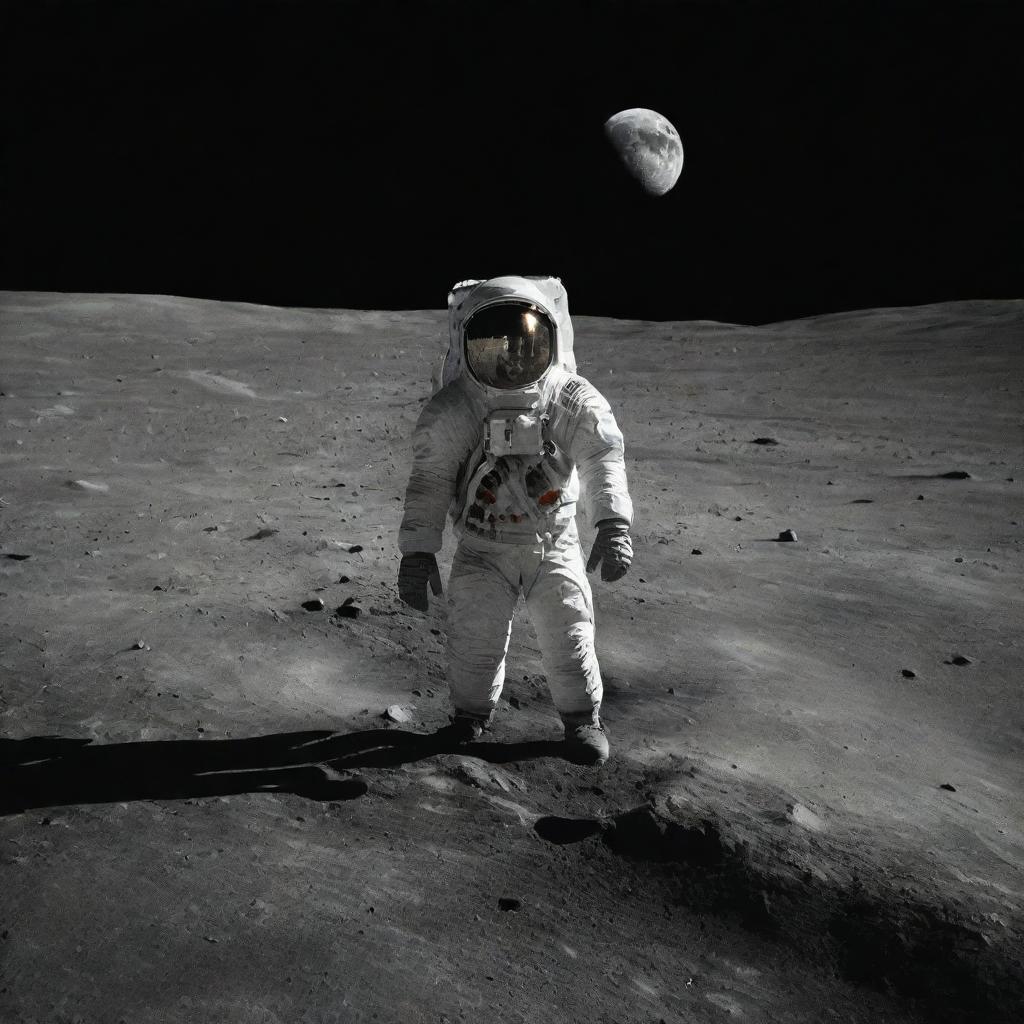 A lone astronaut standing on the desolate moon surface, Earth lazily hanging in the ink-black space sky.