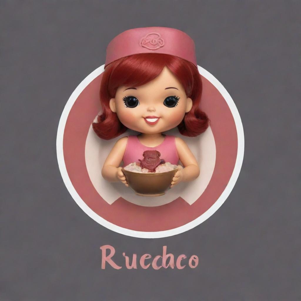 Create a logo featuring a doll holding a bowl of 'rubacao', topped with meat garnish, designed in such a way that it is appealing to customers.